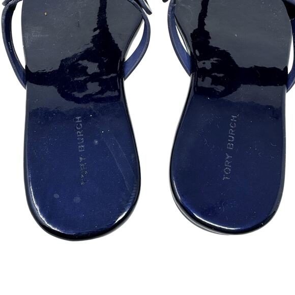 TORY Burch Sea Blue Indigo Navy Patent Leather Soft Miller Logo Sandals Size 7.5 - Picture 4 of 8